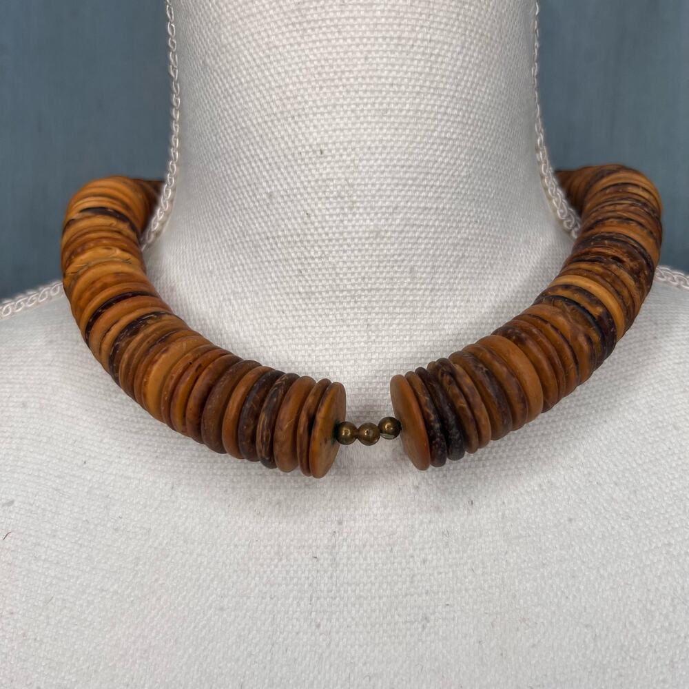 Large Wooden Disc Choker Necklace with Brass Spacers Variegated Browns Boho